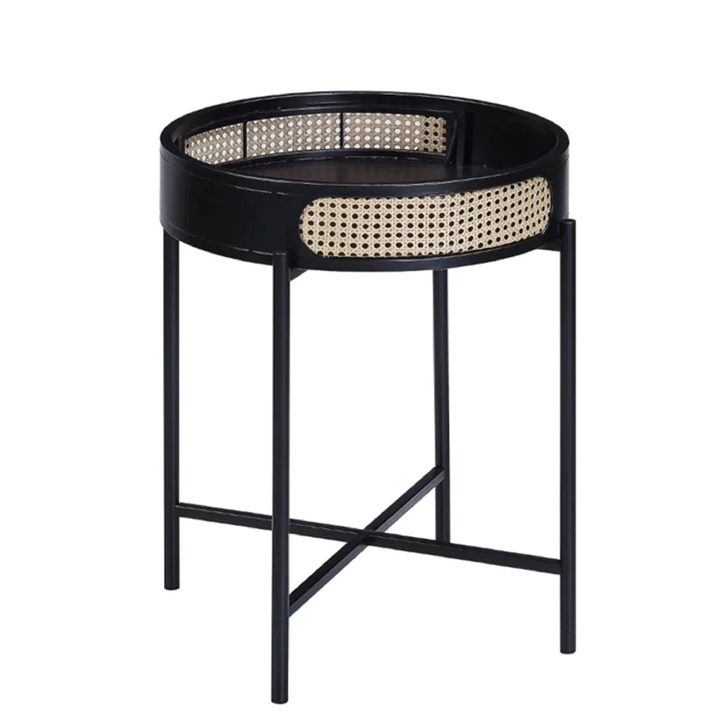 24 Inch Round End Table Rattan Accent Metal Legs Black L716400