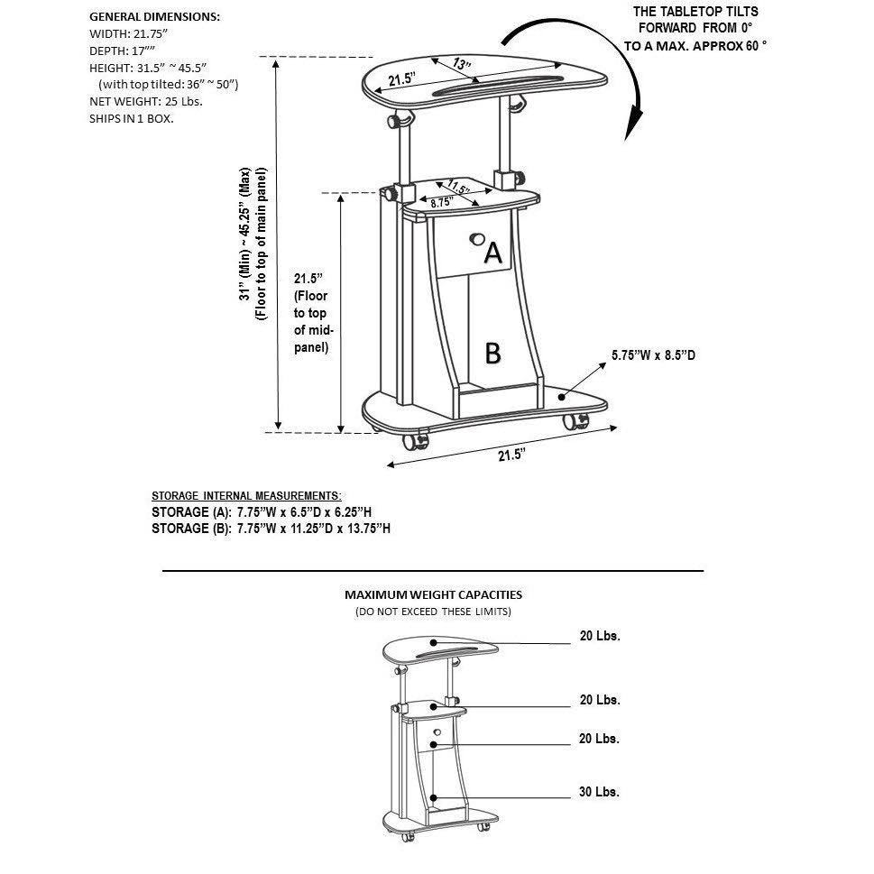 Rolling Adjustable Laptop Cart with Storage Black T82899