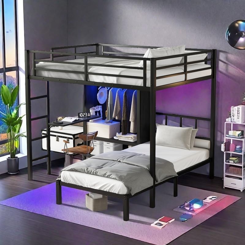 Metal Bunk Bed Full XL Over Twin L-Shaped Bunk Beds with Desk and Shelves T965517