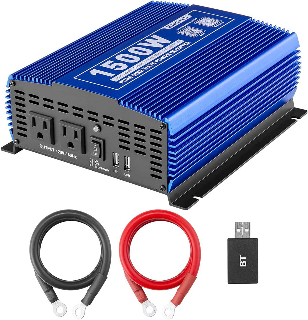 1500W Pure Sine Wave Power Inverter 12V DC to 110V AC with Bluetooth P908
