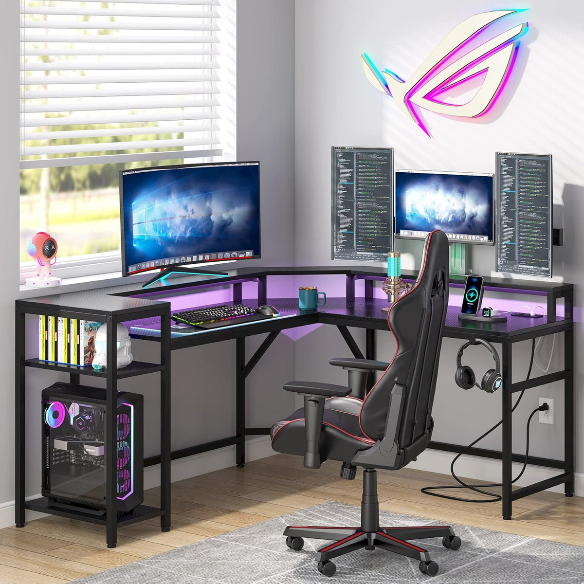 Black L Shaped Gaming Desk with Power Outlet & LED Stripe A64298