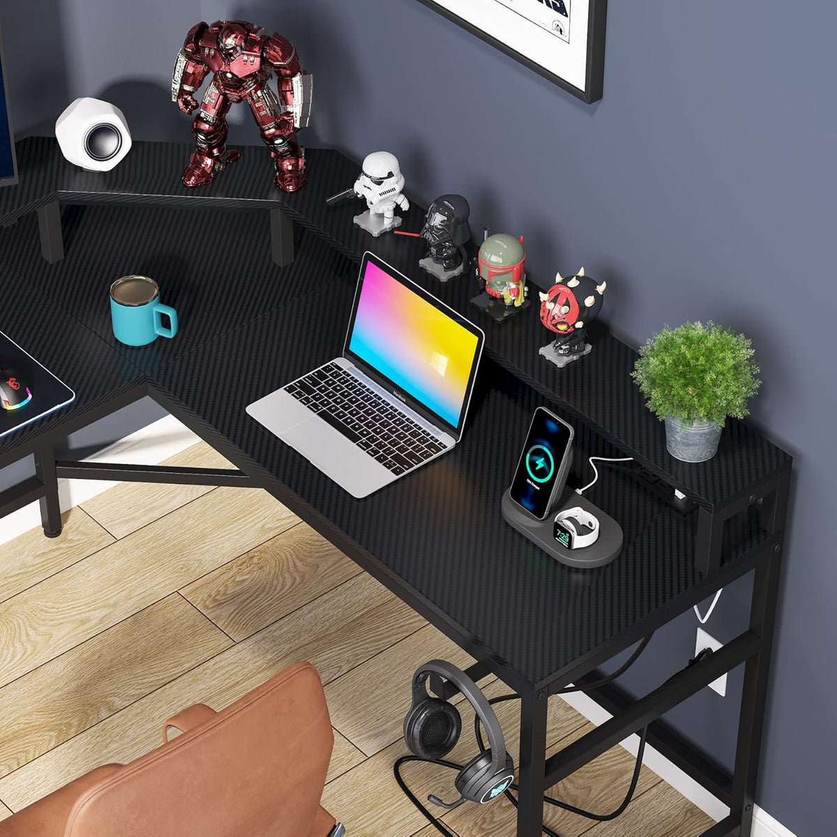 Black L Shaped Gaming Desk with Power Outlet & LED Stripe A64298