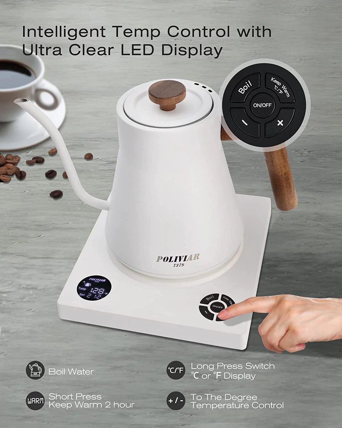 Electric Gooseneck Kettle 1200W 34oz 18/8 Stainless Steel Inner Temperature Control W778875