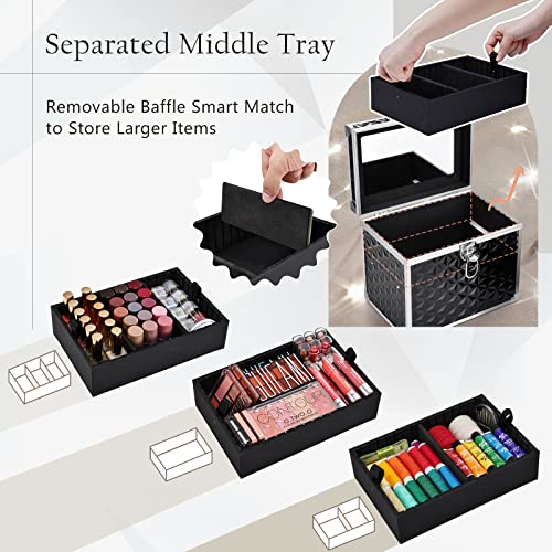Black Portable Cosmetic Train Case with Divider Tray Mirror H590678