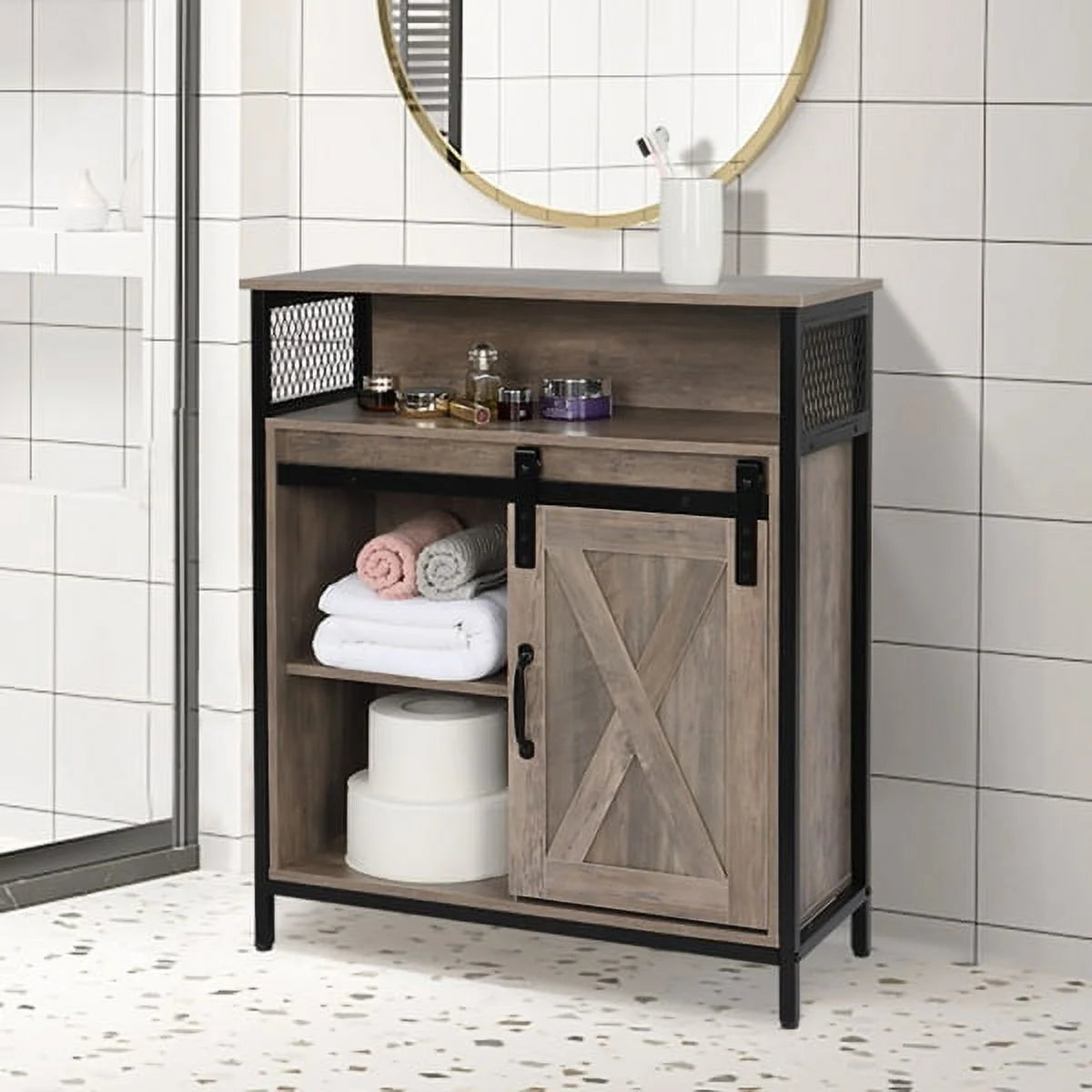 Gray Matte MDF Sliding Door Bathroom Cabinet with Two Drawers and Shelves U735225