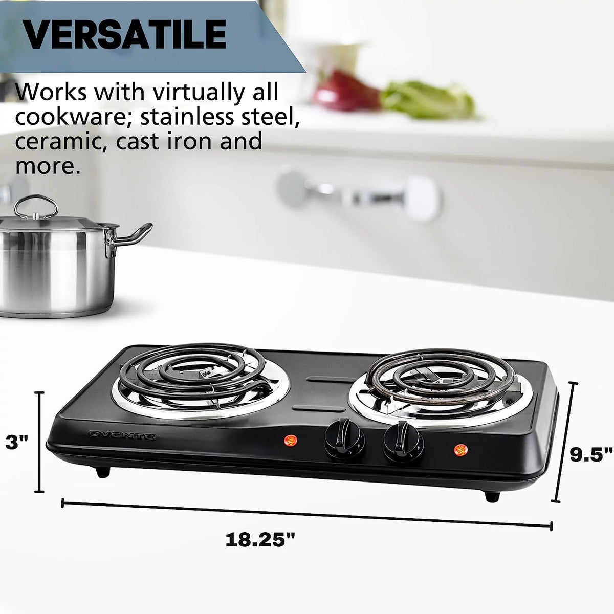 Electric Countertop Double Burner 1700W Stainless Steel Coil Black G323010