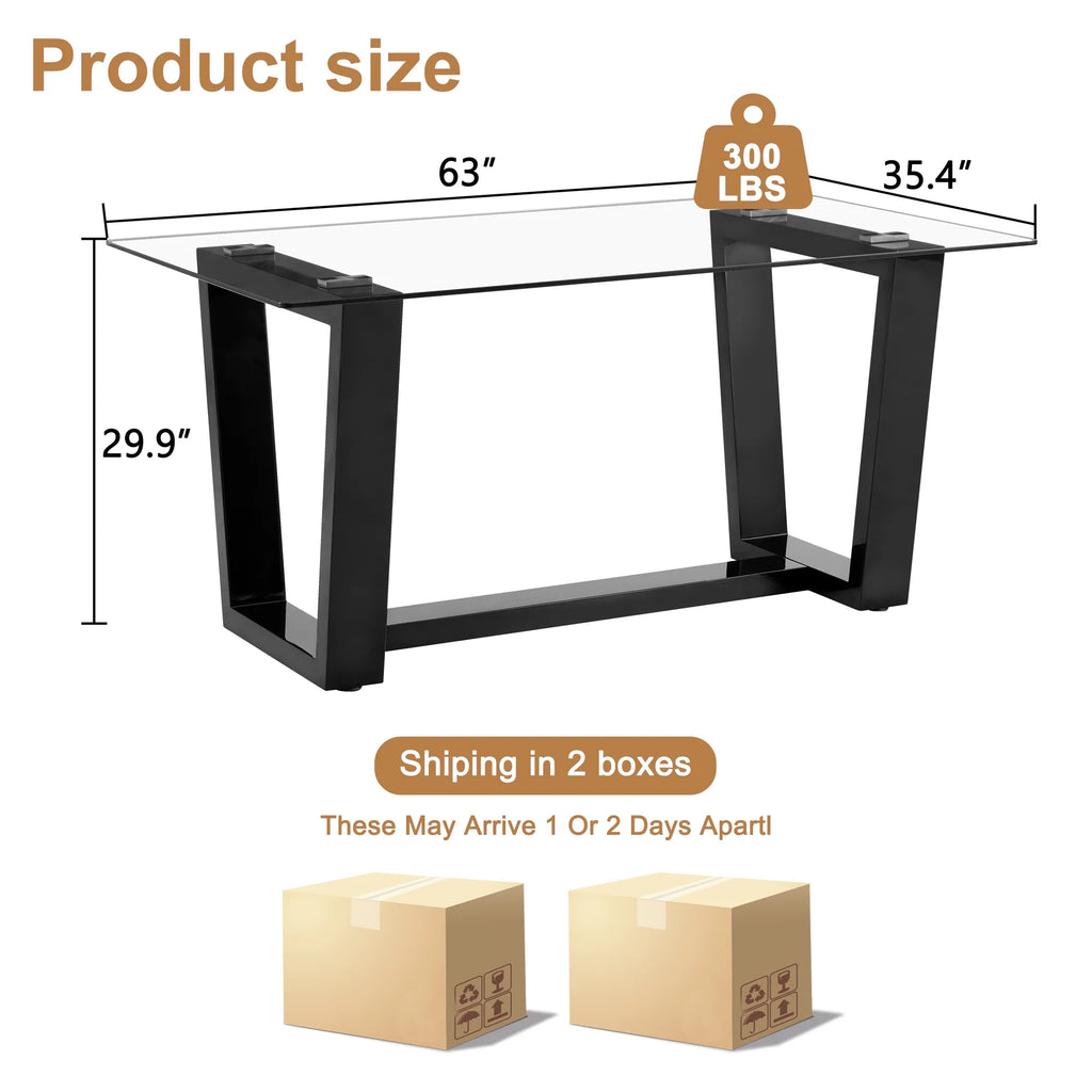 63" Rectangular Tempered Glass Dining Table with Black MDF Legs H8112
