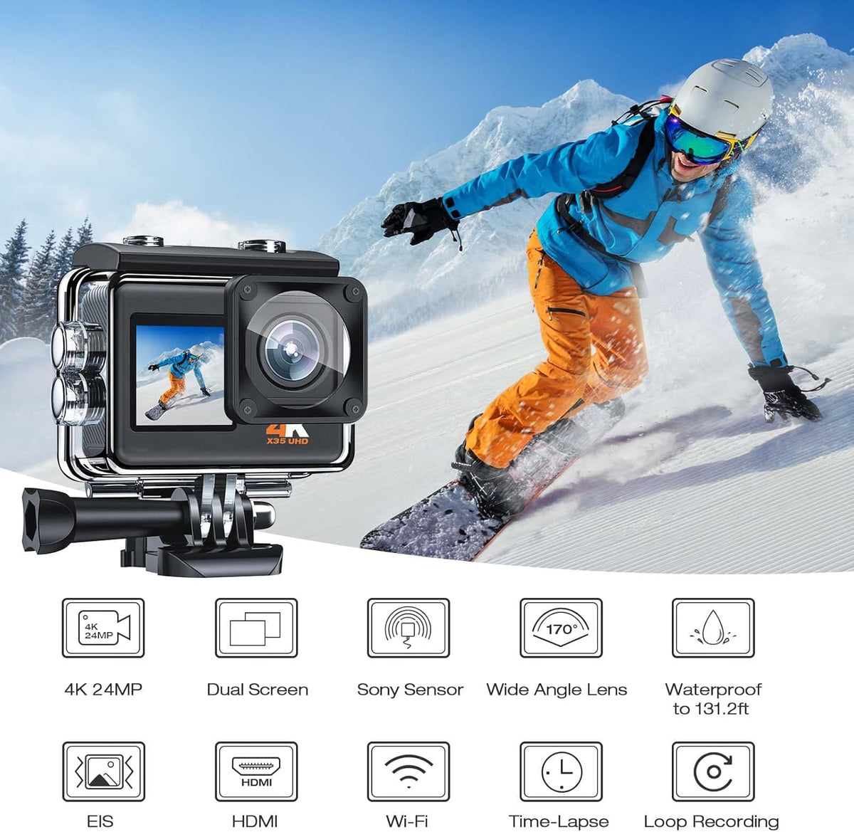 4K 30FPS 24MP Dual Screen Waterproof Action Camera with EIS, Wi-Fi, 2X1350 Batteries and Accessories H91284