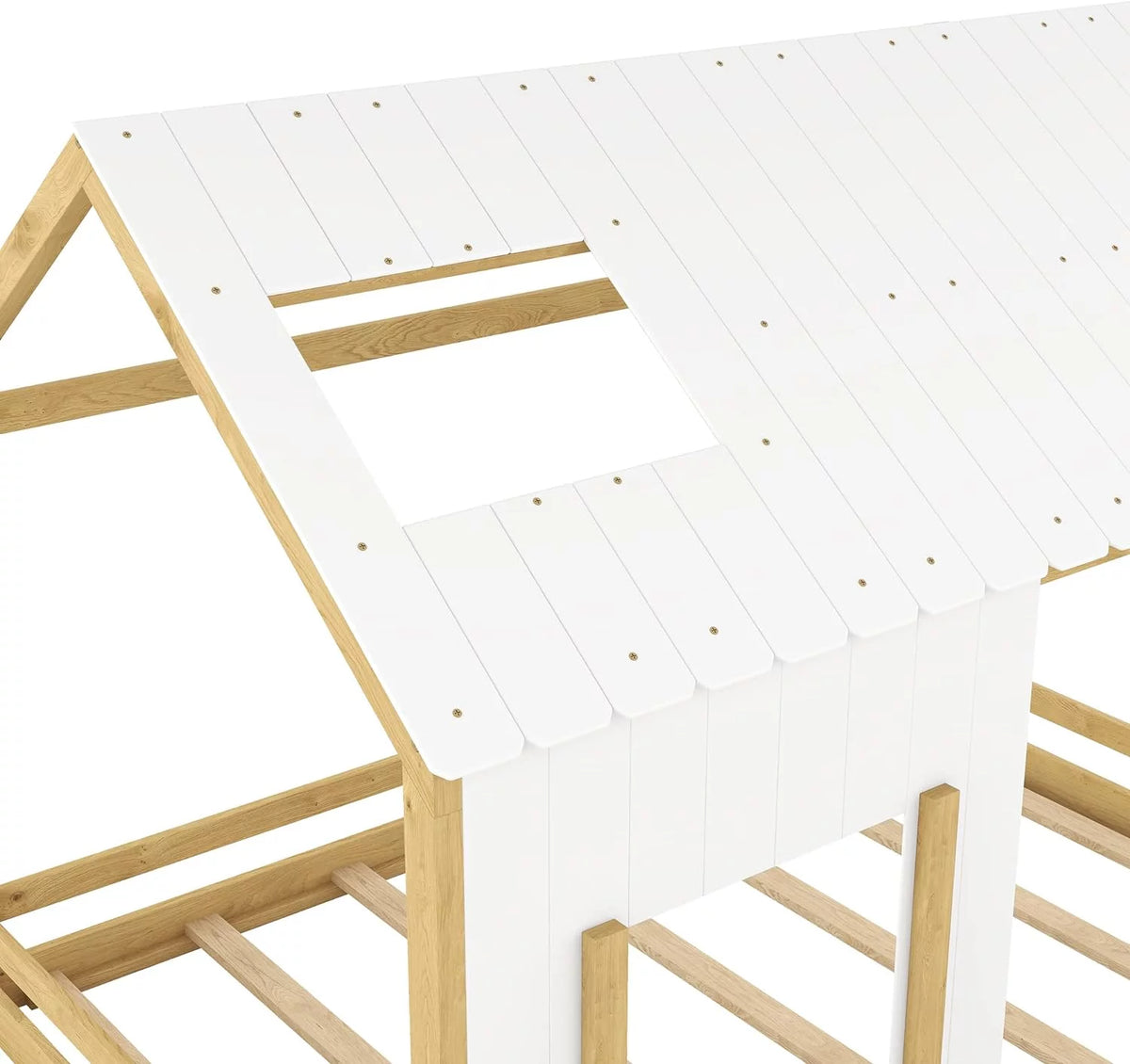 White Natural Full Size Wood House Bed with Roof and Window J267