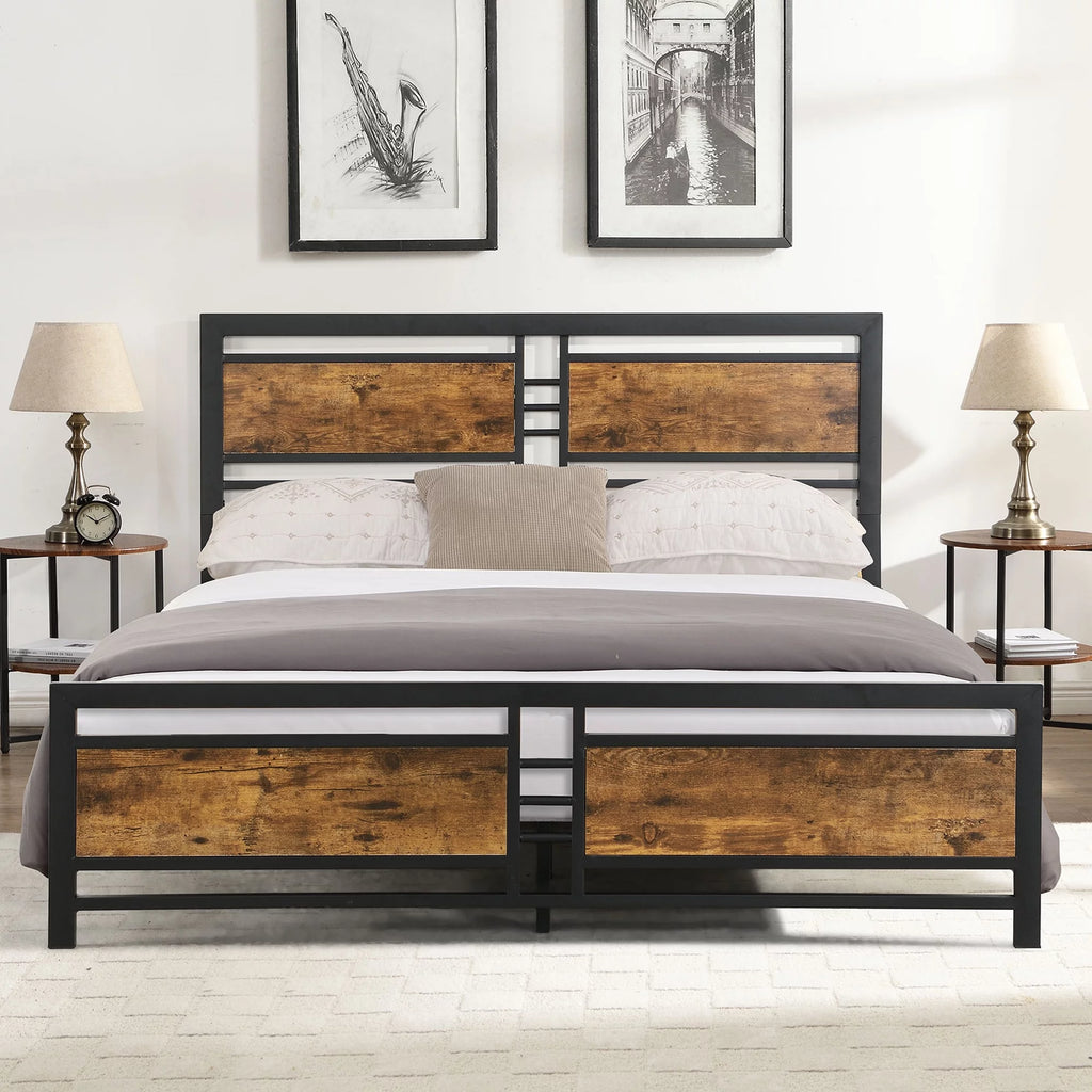 Black Full Size Wooden Headboard Metal Bed Frame W357