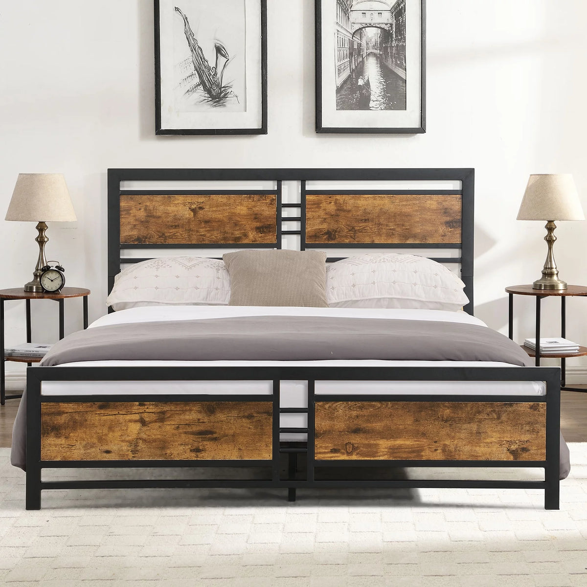 Black Full Size Wooden Headboard Metal Bed Frame W357