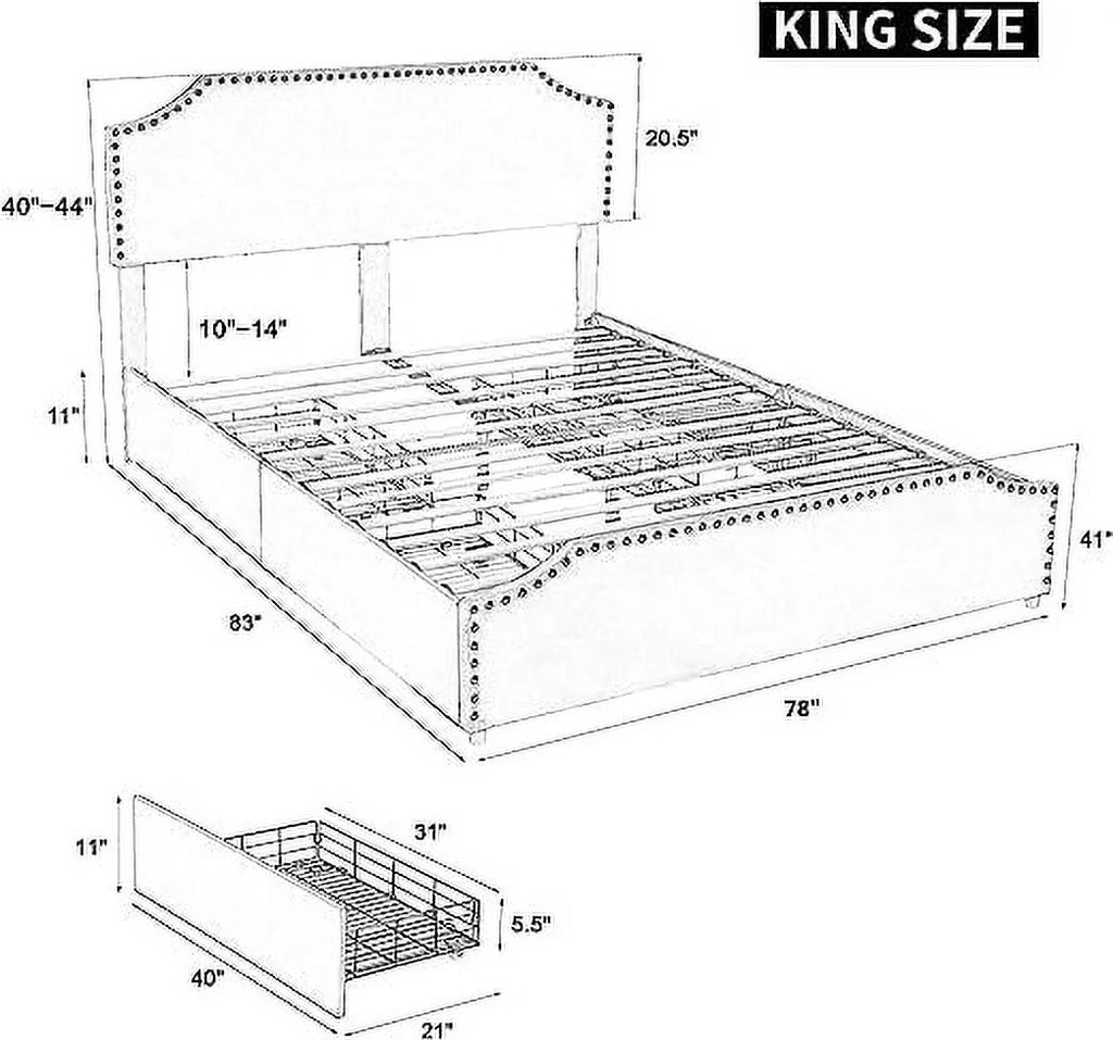 King Size Velvet Upholstered Platform Bed Frame with 4 Storage Drawers and Headboard X447248