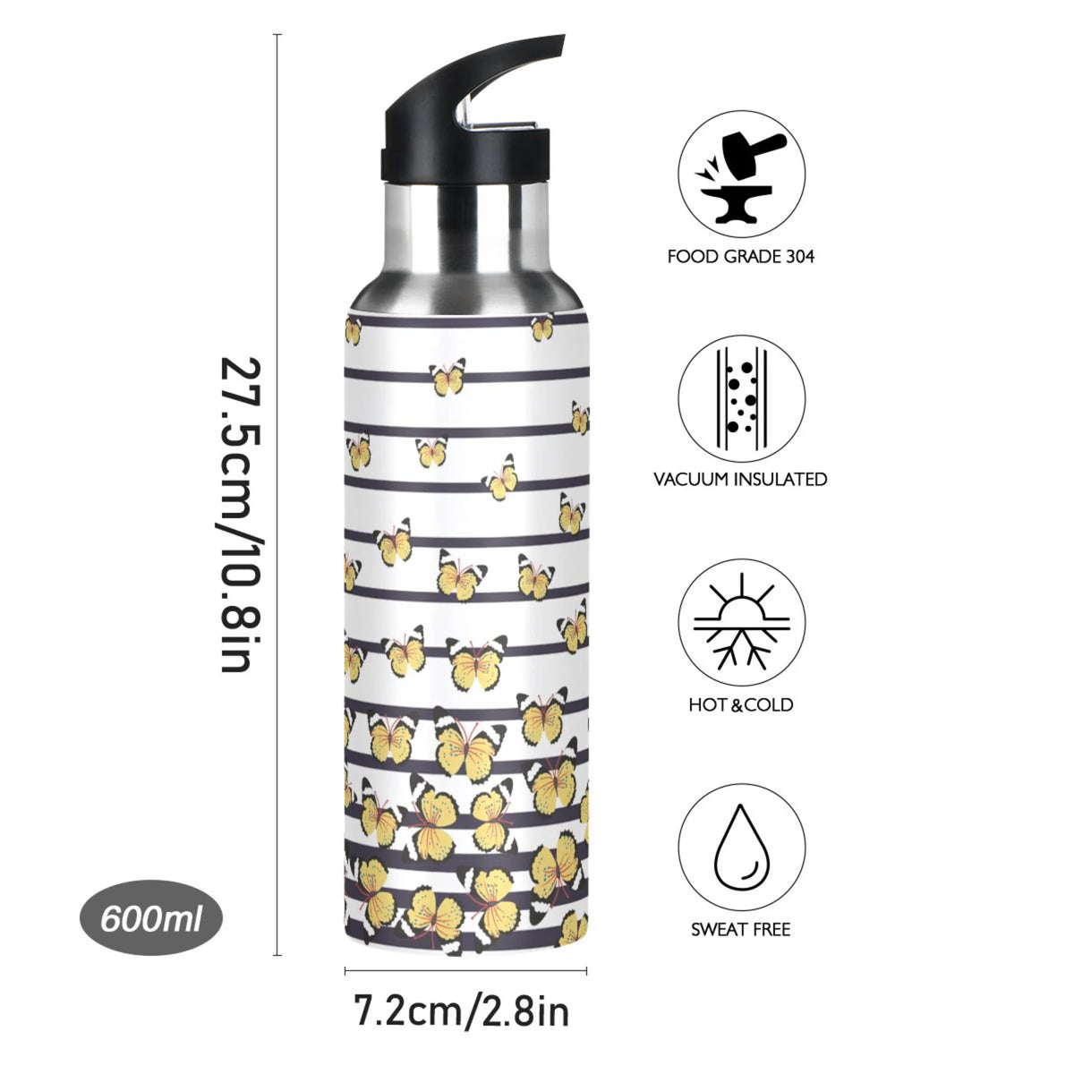 Navy Blue Striped Stainless Steel Vacuum Insulated Water Bottle with Straw Lid 20 OZ K787