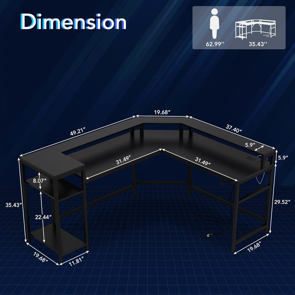 Black L Shaped Gaming Desk with Power Outlet & LED Stripe A64298
