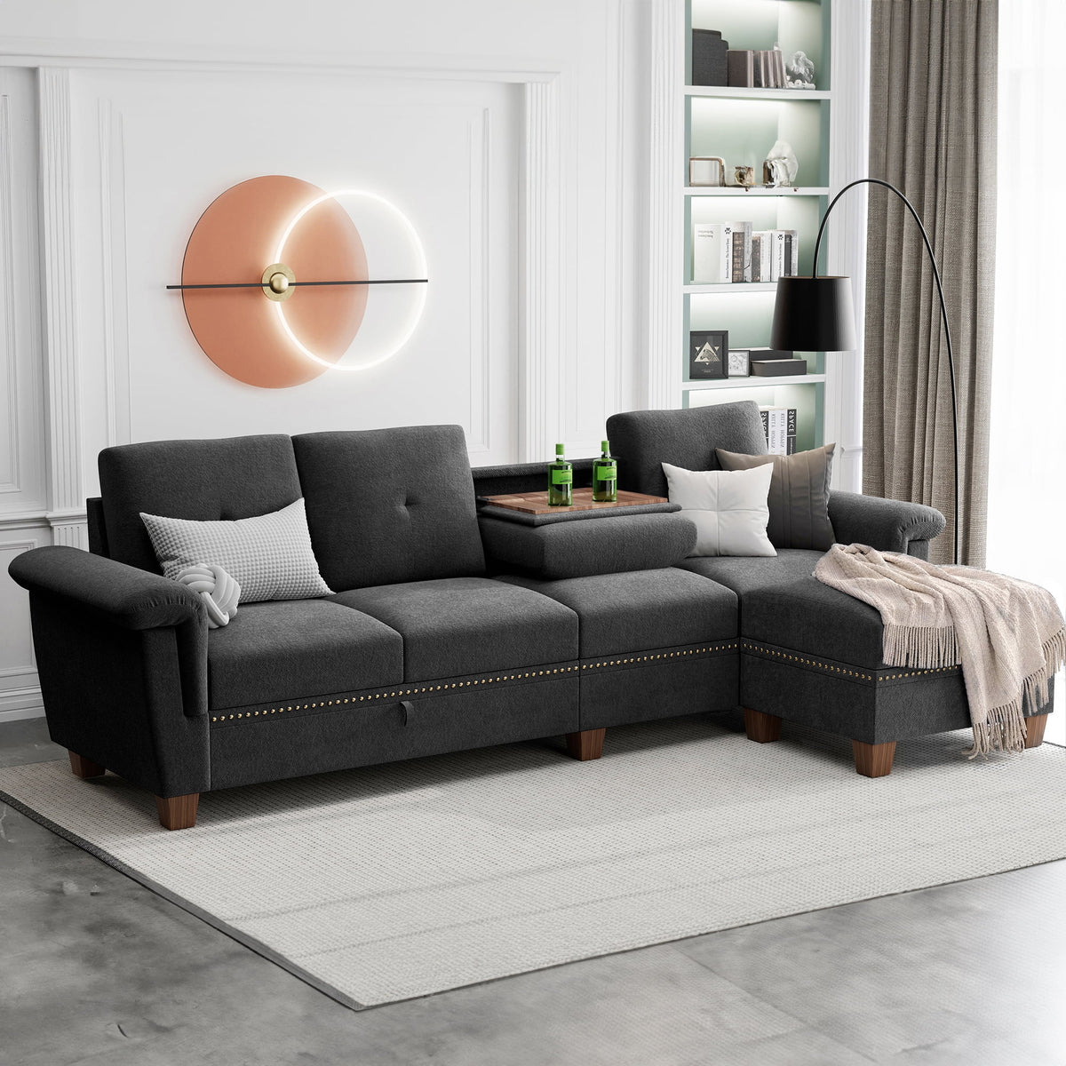 Black L Shaped Sectional Sofa with Storage Chaise A826216