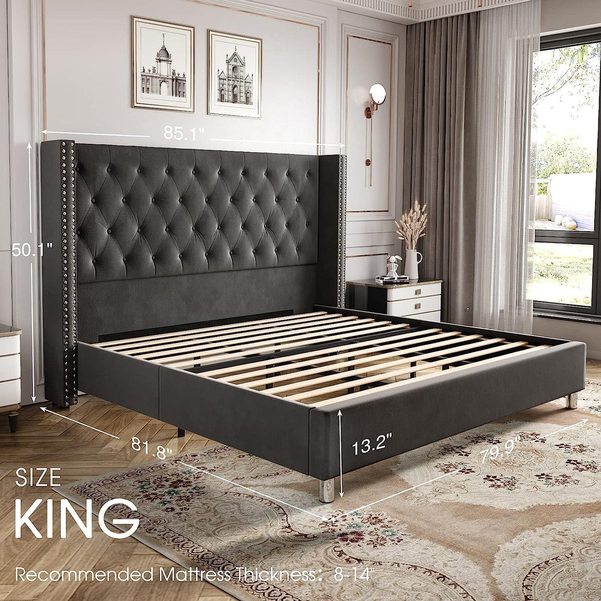 King Size Velvet Upholstered Platform Bed Frame N797