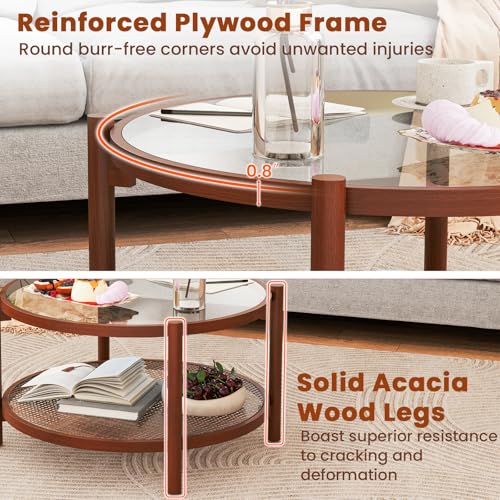 Rattan Round Glass Coffee Table with Storage Shelf X477709