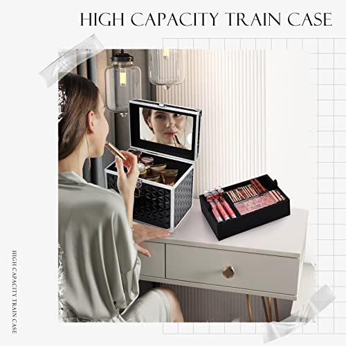 Black Portable Cosmetic Train Case with Divider Tray Mirror H590678