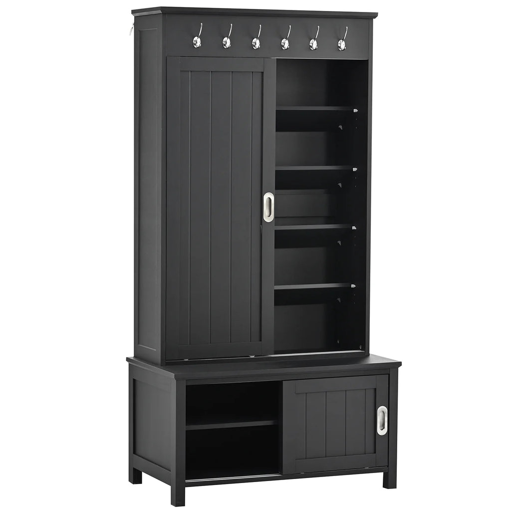 Black Wooden Hall Tree with Bench and Shoe Storage D608