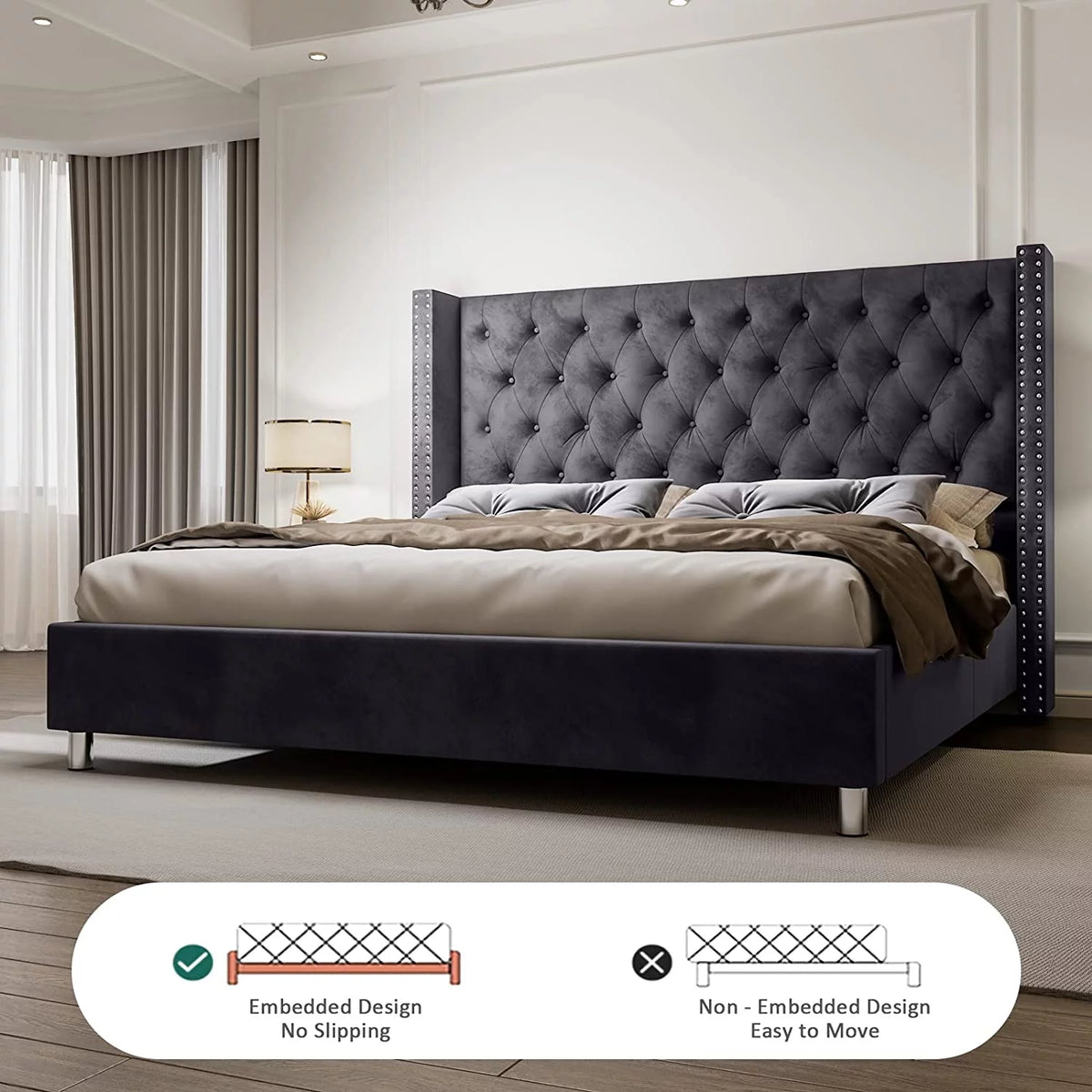 King Size Velvet Upholstered Platform Bed Frame N797