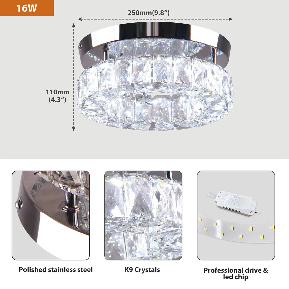 9.8" Crystal Flush Mount Ceiling Light Fixture 15 W 6000K T9486