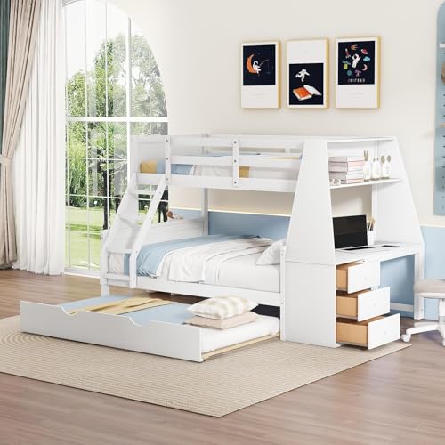 Twin Over Full Wooden Bunk Bed with Desk and Trundle G903253