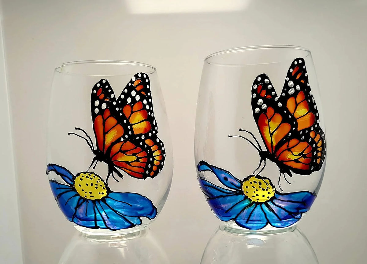 Hand Painted Stemless Wine Glasses Set Of 2 G5208