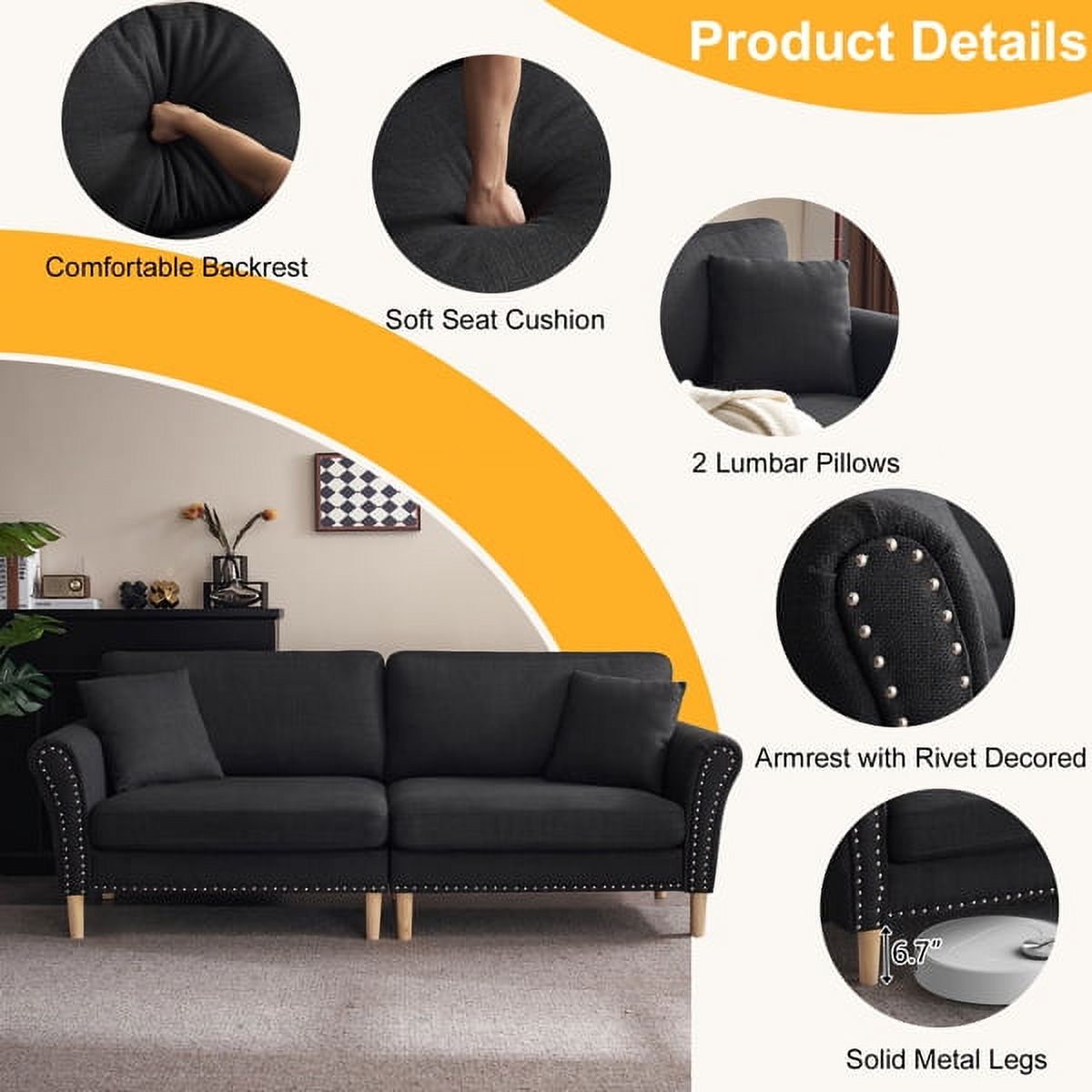 Black Upholstered 2-Seat Loveseat Sofa with 2 Pillows T133079