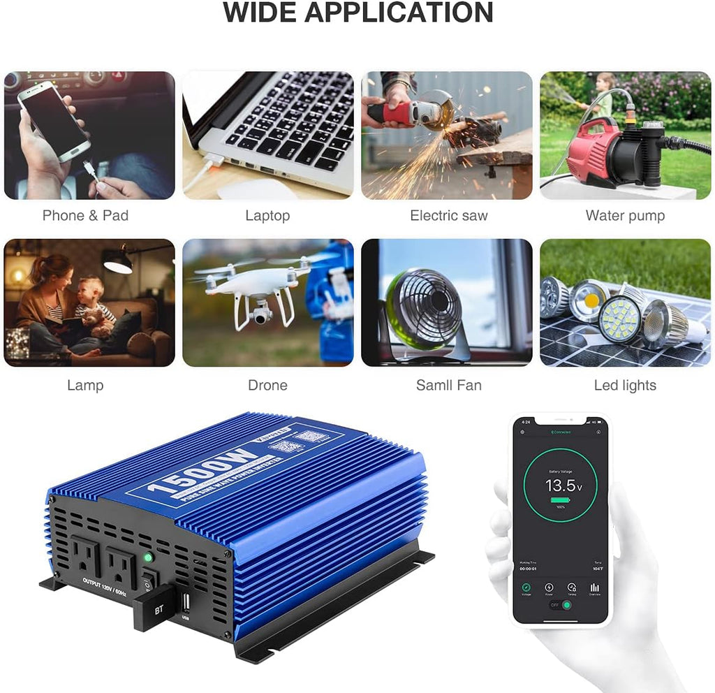 1500W Pure Sine Wave Power Inverter 12V DC to 110V AC with Bluetooth P908