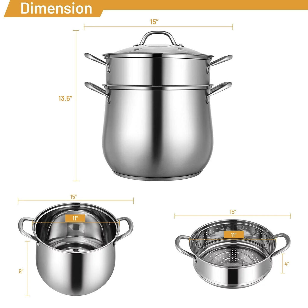 2-Tier Stainless Steel Steamer Pot with Tempered Glass Lid V391359
