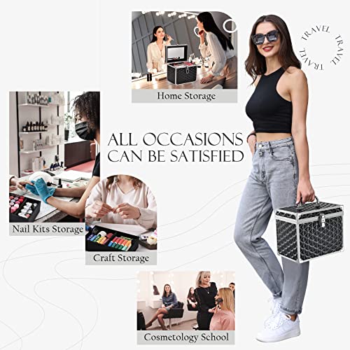 Black Portable Cosmetic Train Case with Divider Tray Mirror H590678