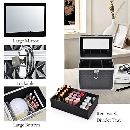 Black Portable Cosmetic Train Case with Divider Tray Mirror H590678