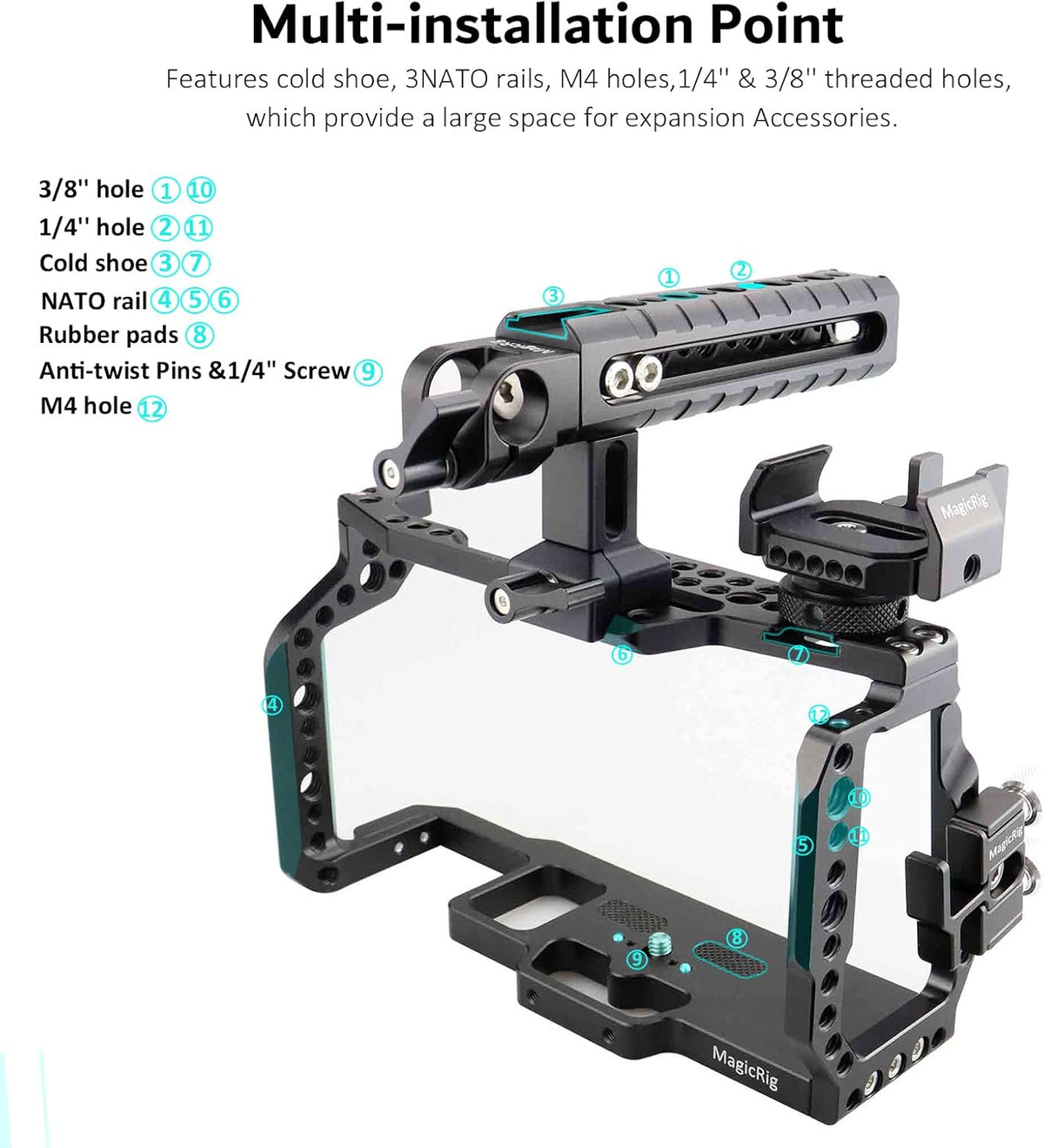 Video Camera Cage Kit with Top Handle SSD Mount HDMI Cable Clamp D782