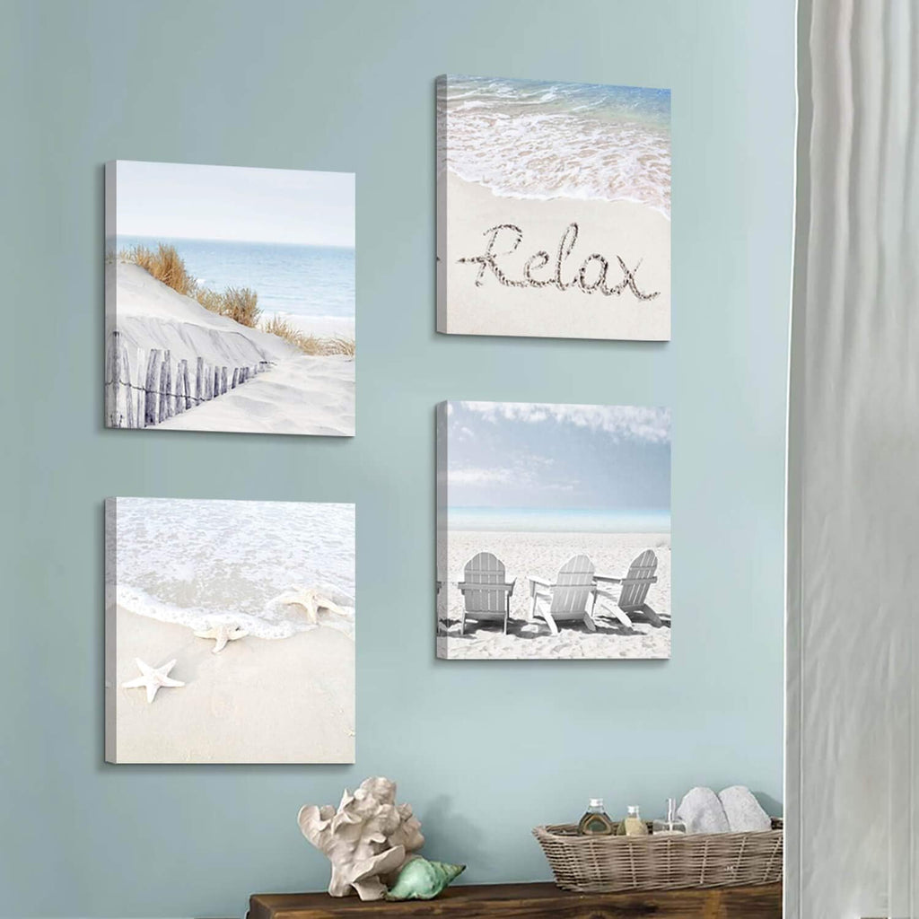 Beach Wall Art Starfish Chairs on Sand Canvas 12” x 12'' 4 Panels K37847