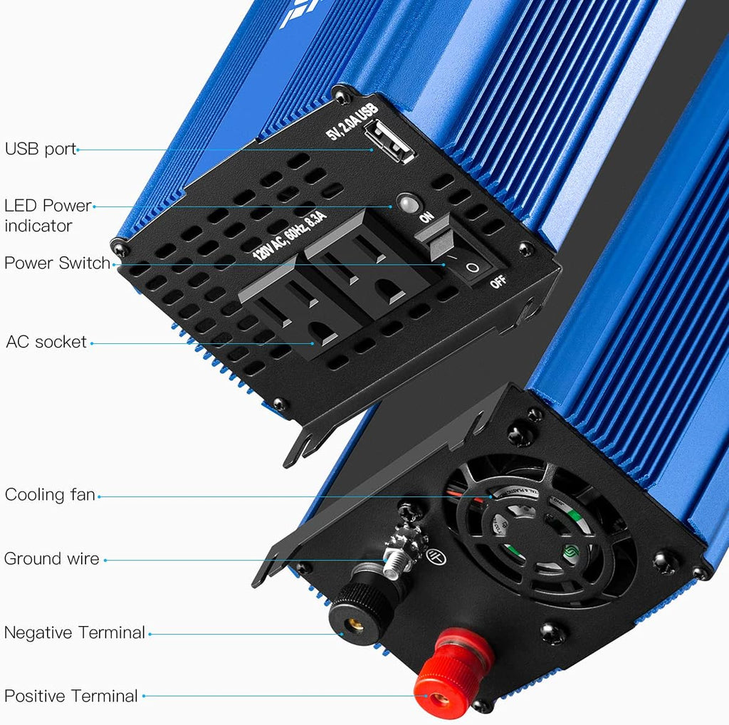 1500W Pure Sine Wave Power Inverter 12V DC to 110V AC with Bluetooth P908