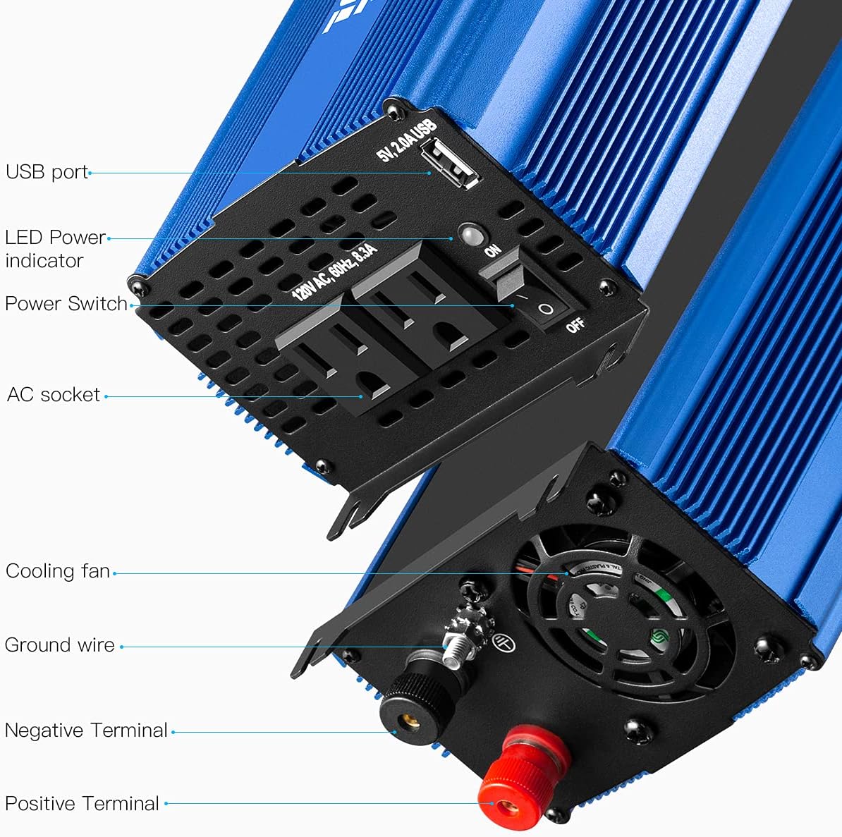 1500W Pure Sine Wave Power Inverter 12V DC to 110V AC with Bluetooth P908