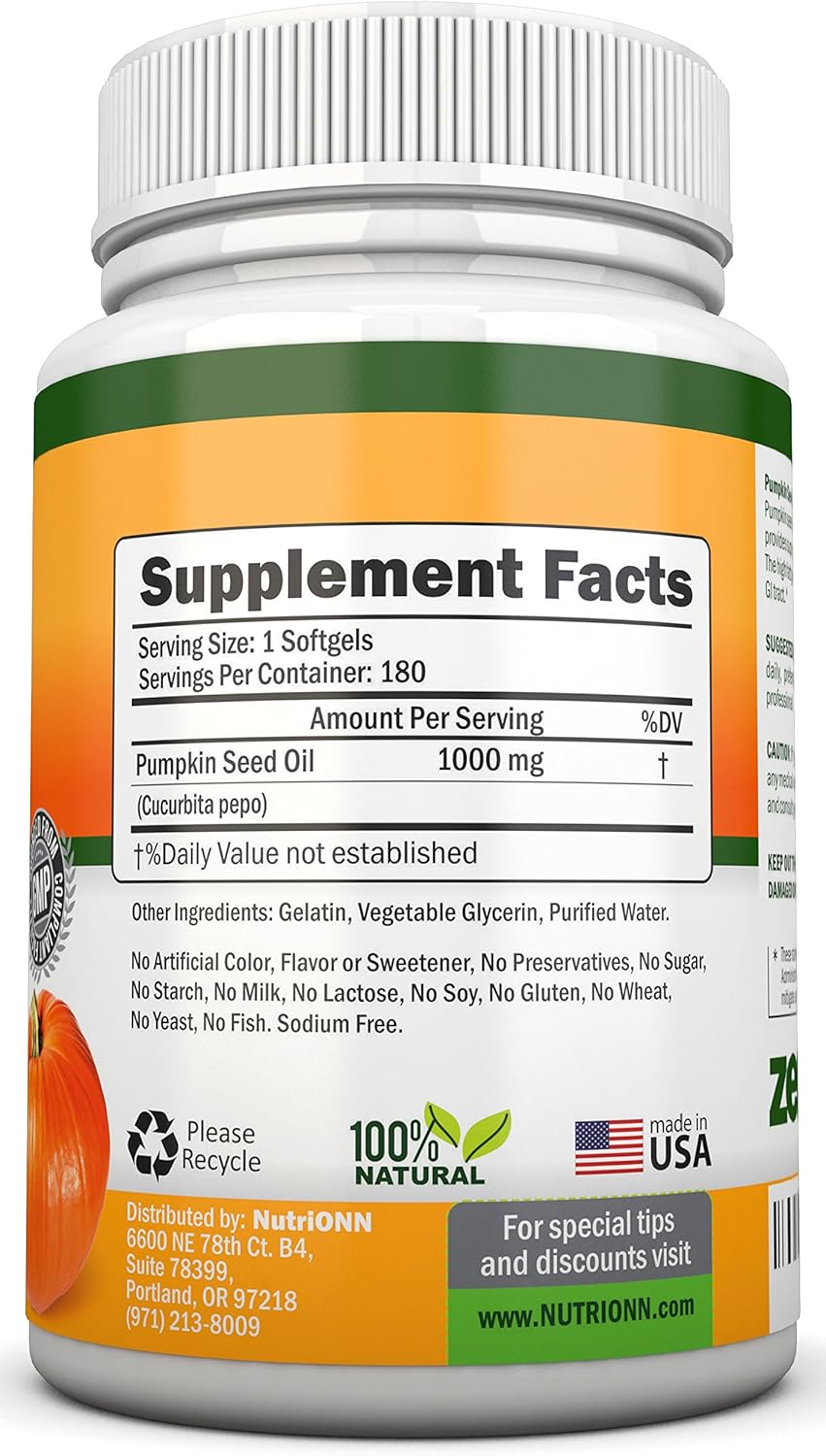 Cold-Pressed Natural Pumpkin Seed Oil 1000mg 180 Softgels Q200
