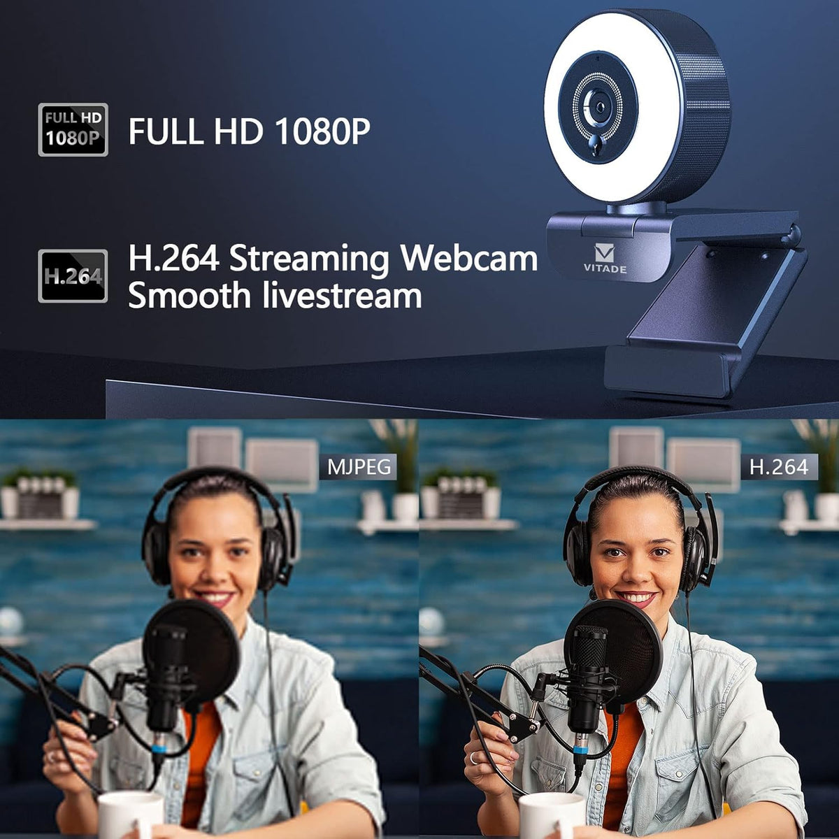 Full HD 1080P Webcam with Ring Light and Dual Microphones X545