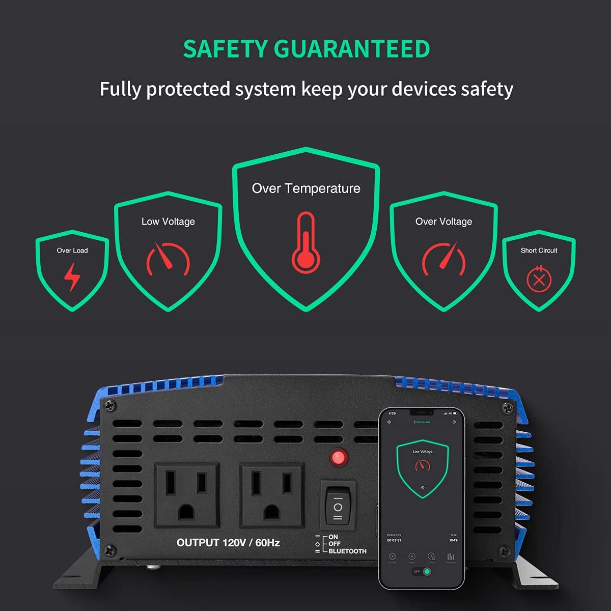 1500W Pure Sine Wave Power Inverter 12V DC to 110V AC with Bluetooth P908