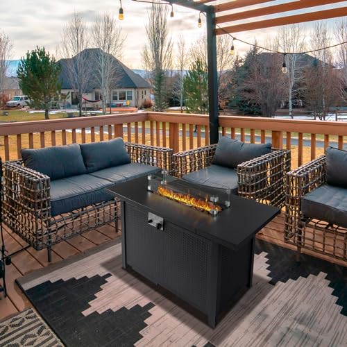 43 Inch Propane Fire Pit Table with Lid and Metal Tabletop, 50,000 BTU Gas Fire Pit Table with 6.6 Pounds Lava Stones M284656