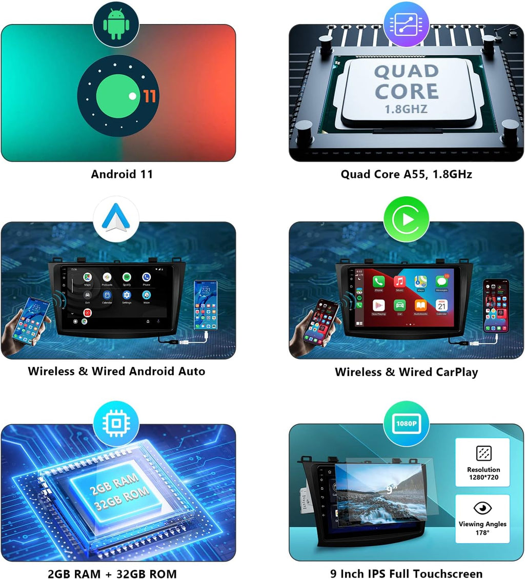Android 11 Car Stereo, 9 Inch Single Din Car Radio with CarPlay & Android Auto A884532