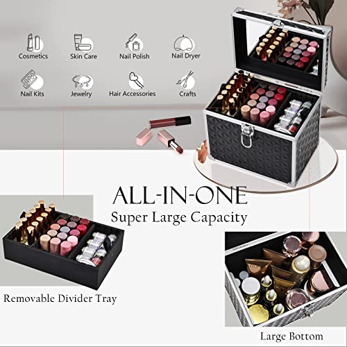 Black Portable Cosmetic Train Case with Divider Tray Mirror H590678