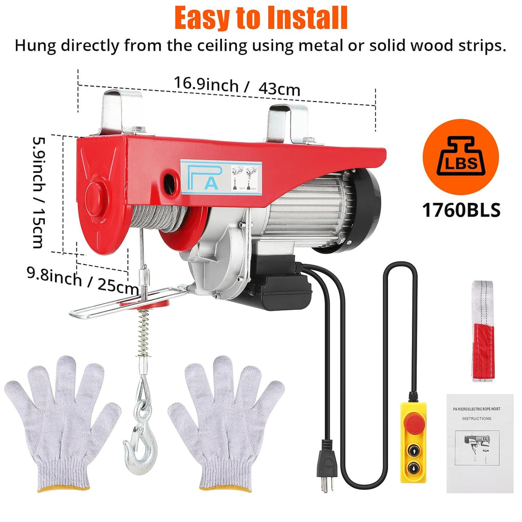 Electric Hoist 1760lbs 39FT Single Cable Lifting Height Steel Wire Winch L981004
