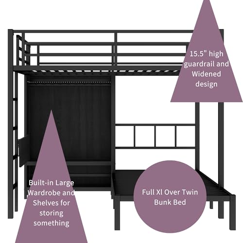 Metal Bunk Bed Full XL Over Twin L-Shaped Bunk Beds with Desk and Shelves T965517