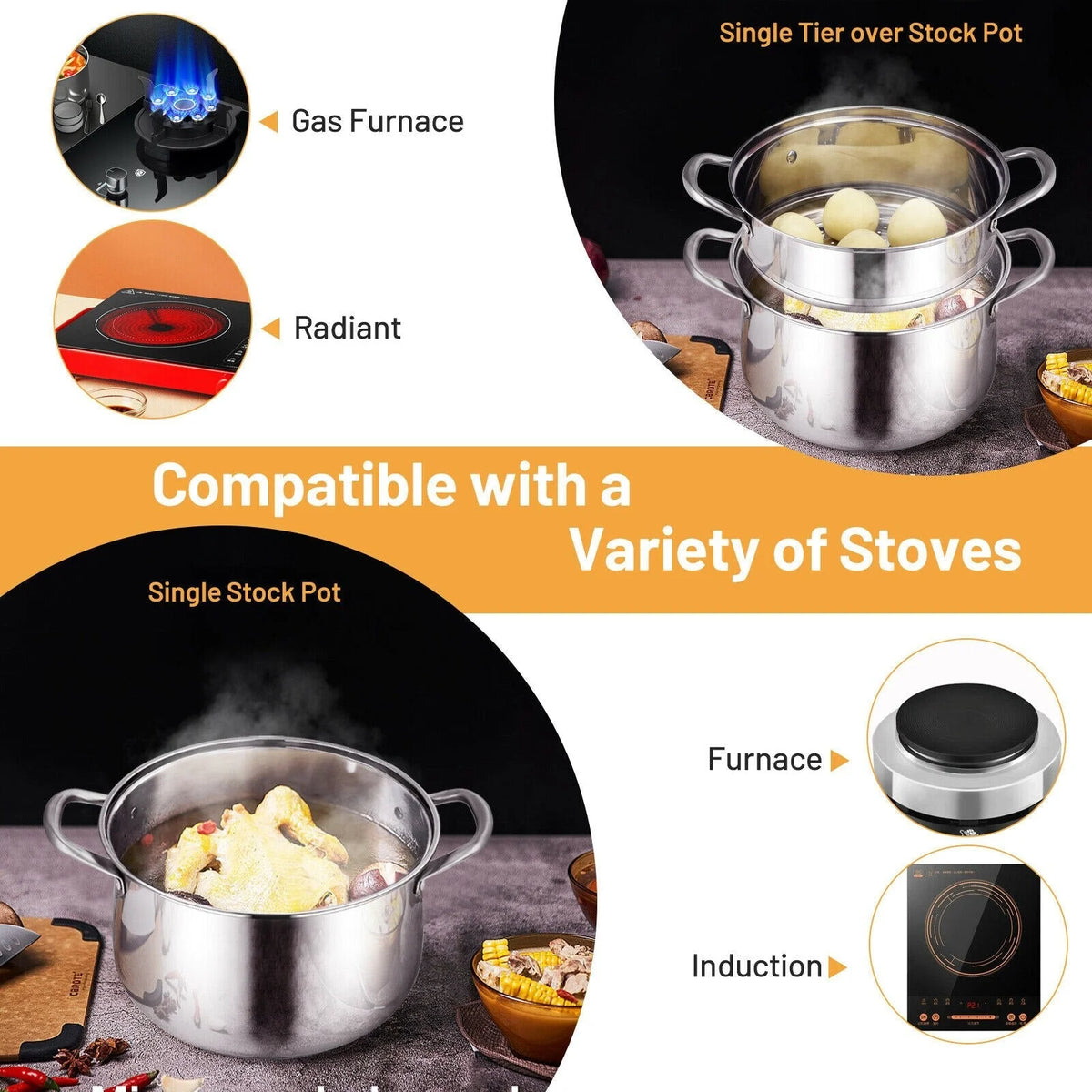 2-Tier Stainless Steel Steamer Pot with Tempered Glass Lid V391359
