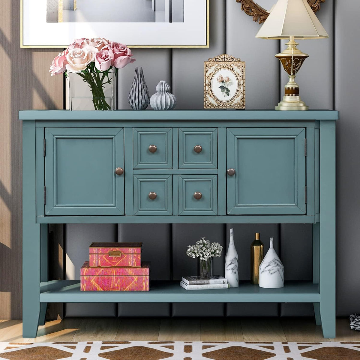 Solid Wood Console Table with 3 Drawers, 2 Cabinet and 1 Shelf N686668