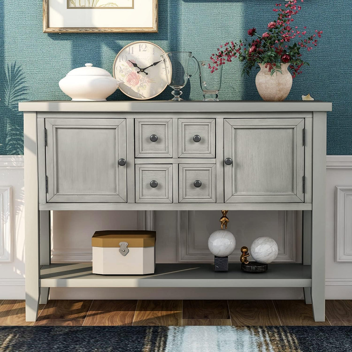 Solid Wood Console Table with 3 Drawers, 2 Cabinet and 1 Shelf N686668