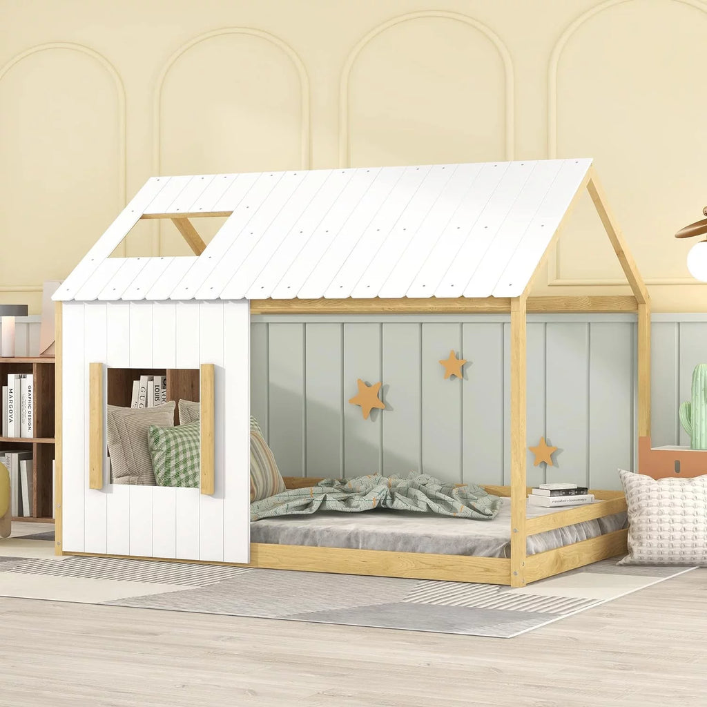 White Natural Full Size Wood House Bed with Roof and Window J267