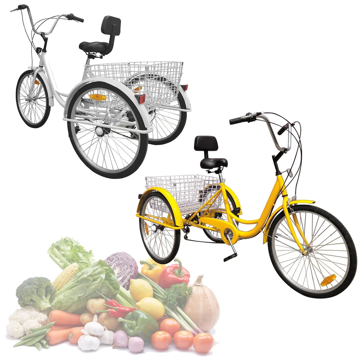 24 inch 7-Speed 3 Wheel Tricycle with Basket White/Yellow M29838