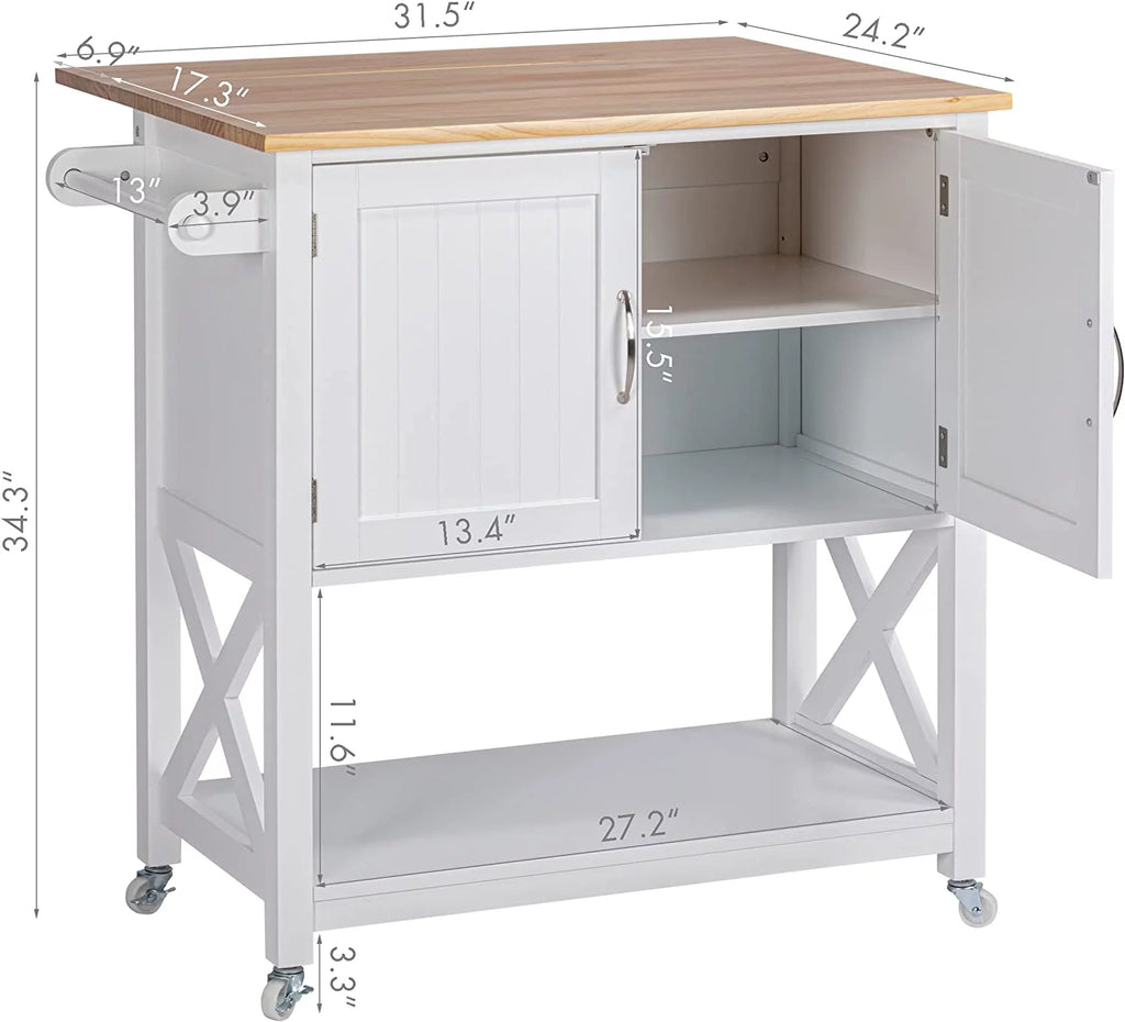 White Kitchen Island on Wheels with Storage Cabinet and Drop Leaf G3567